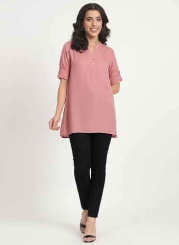 Image of Women's Roll-Up Sleeve Tunic Top, V-Neck with Button Front, Side Pockets, Rayon Short Kurti