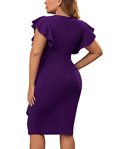 Image of Miusol Women's Plus Size Vintage V Neck Ruffles Sleeve Bodycon Business Cocktail Party Pencil Dress