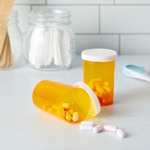 Image of Juvale Empty Pill Bottles with Caps - Easy-Open Plastic Vials with Caps - Compact Travel Pill Bottles - 20 Dram, Orange, Pack of 100