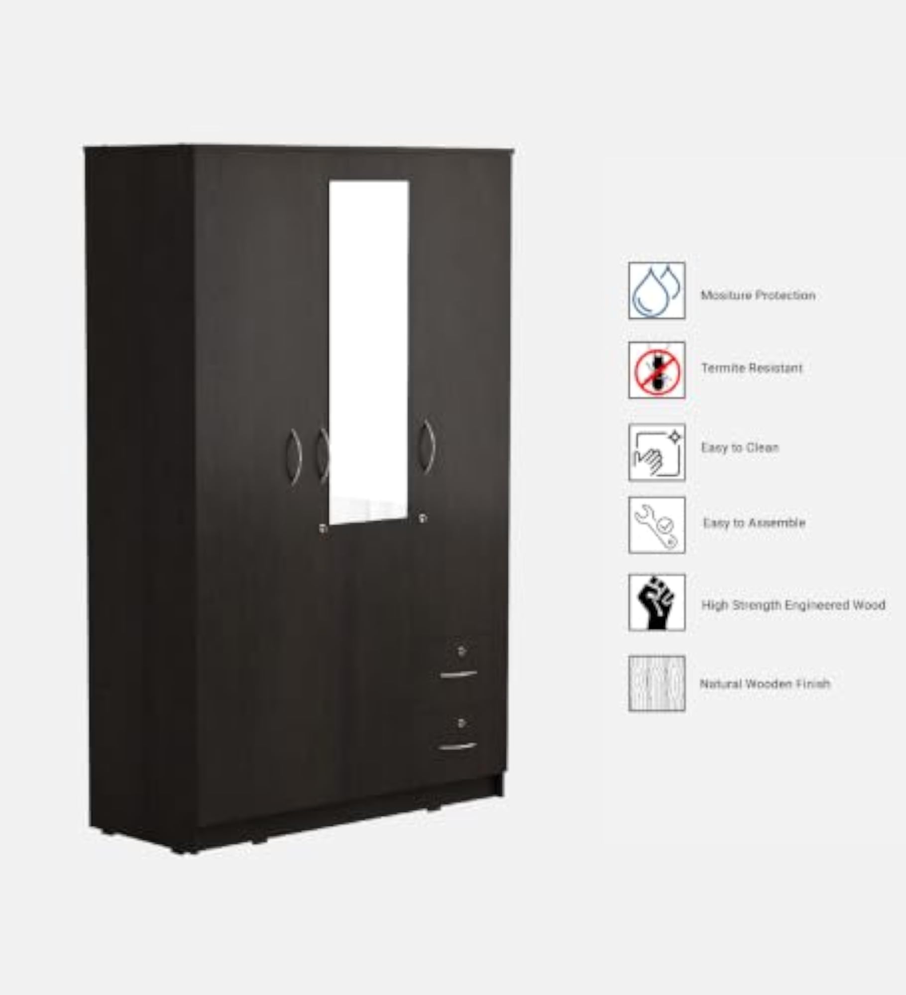 3 Door Engineered Wood Wardrobe with Mirror and 7 Shelves