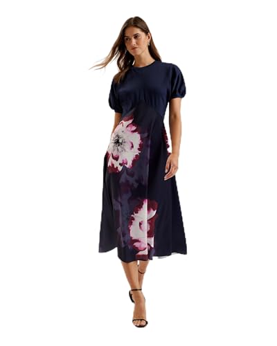 Photo de Ted Baker WMD-mitzic-Ponte Bodice Printed Satin Skirt Midi Dress Robe décontractée, Bleu Marine, 42 Femme