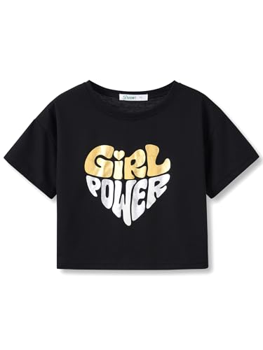 Image of Dvenki Girls Graphics Crop Short Sleeve Crewneck Tee Size 6-18 | soft cotton blend fabric, cropped short hem, fun graphic print, casual summer tops for school and vacation
