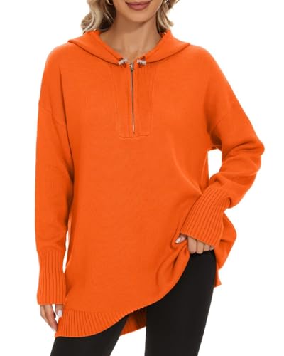 Image of Women's Hooded Sweater Loose Half Zip Drawstring Pullover Sweatshirt Top Casual Long Sleeve Side Slit Knit Hoodie