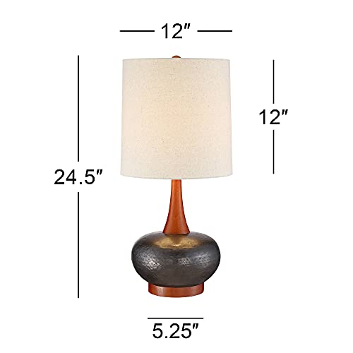 360 Lighting L1606006 Andi Mid Century Modern Table Lamp 24.5 Inch High Hammered Bronze Ceramic Wood Off White Tall Drum Shade thumb #3