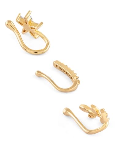 Image of ZAVERI PEARLS Set of 3 Gold Tone Cubic Zirconia Contemporary Brass Clip On Nose Pins For Women-ZPFK17365