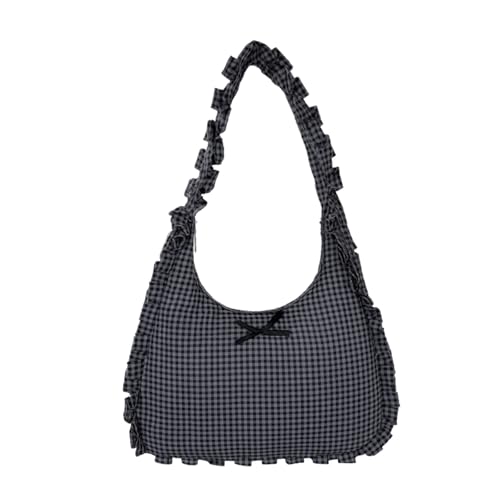 Bow Purse Ruffled Bow Shoulder Bag Large Gingham Handbag with Zipper Stylish Trendy Gift for Women Daily Travel