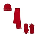 Calvin Klein Women's 3 Piece Embellished Beanie, Scarf & Gloves Set (Rouge)