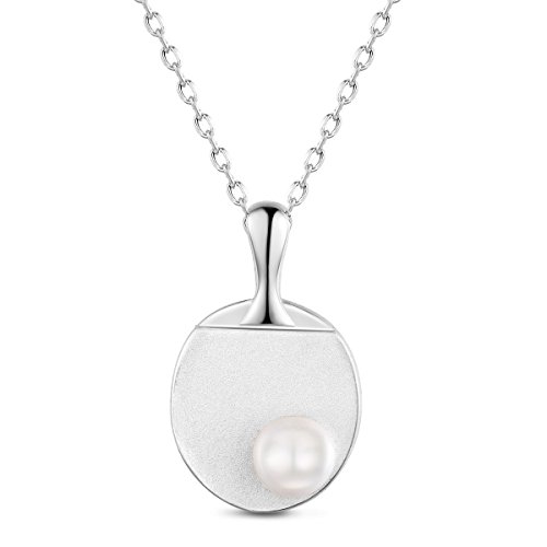 Sweetiee 925 Sterling Silver Sporty Necklace, with Table Tennis Bat Pendant and Fresh Water Pearl, Platinum, 400mm