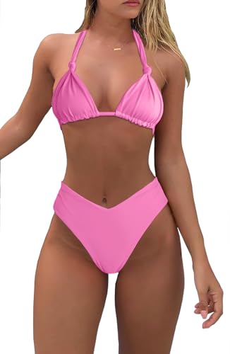 Women Sexy Brazilian Bikini 2 Piece Ruched Straps Top High Cut Thong Swimsuit Bathing Suit Light Pink M