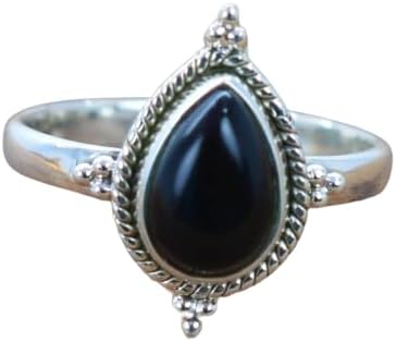 Handmade Natural Black Onyx Teardrop Ring - 925 Sterling Silver Plated Unique Meditation Wedding Band, Bridesmaid Gift Jewelry