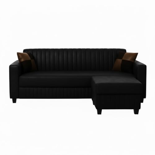 Image of FURNY Gracina 4 Seater L Shape Sofa Set with Movable Ottoman | Flexible Left or Right Layout | Premium Leatherette Upholstery (Black) | Perfect for Living Room, Guest Room & Office