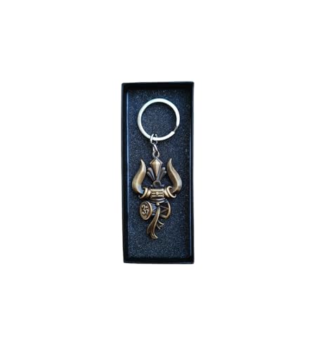 Image of Lord Shiv Shankar Trishul Damru Om Double Side Metal Keychain (Rusty Gold)