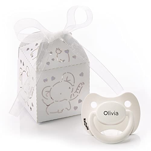 Kuxulu - Chupetes Personalizados para Bebes con Nombre - Tetina de Silicona Libre de BPA con Caja para Regalo - Tetina 0/6 Meses Color Blanco