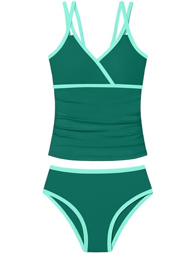 Image of Girls Swimsuit 2 Piece Bathing Suit Criss Cross Ruched Girl Tankini Sets Printed Girls' Swimwear for 9-18 Years