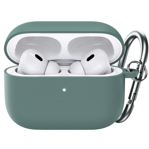 JETech Aggiornato Cover Custodia Silicone per AirPods Pro (2a/1a Gen 2023/2022/2019) con Portachiavi, Interno PC Rigido, Antiurto Protettiva Pelle Guscio, LED Frontale Visibile (Verde Pino)