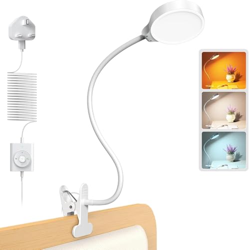 Glocusent 5W Clip on Light, 36 LED Eye Caring Bedside Light, Reading Light for Bed with 3 Colors & 5 Brightness, Perfect for Bed/Books/Reading/Studying/Working (White with Adapter)