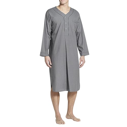 JIAHG Mens Muslim Kaftan Thobe Loose Pure Color V-Neck Linen Robe Long Sleeve Islamic Middle East Cotton Casual Shirt Robes