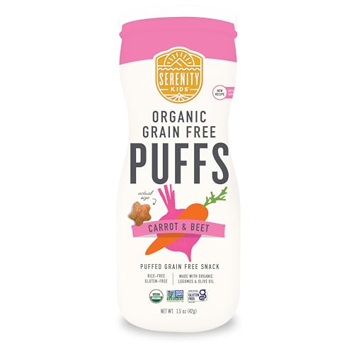 Image of Serenity Kids 6+ Months Baby Veggie Puffs - Carrot & Beet, 1.5 Oz Pack of 6 - Melt-In-Mouth Infant Food - Grain-Free & Gluten-Free Toddler Snacks - USDA Organic Baby Snack