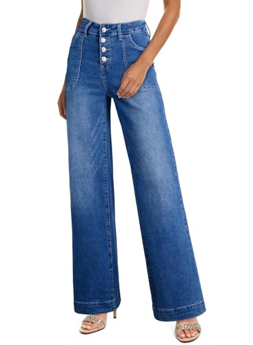 SHEWIN Women's Wide Leg High Waisted Flare Jeans Stretchy Straight Leg Jeans Buttoned Denim Pants with Pockets