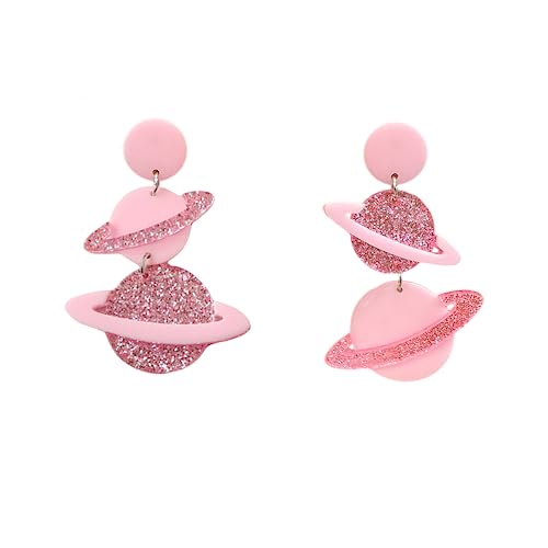 Exaggerated Acrylic UFO Dangle Earrings for Women Girls Funny Cute Big Blue Spaceship Aliens Moon Star Celestial Drop Dangling Hook Stud Lightweight Y2K Earring Fashion Weird Aerospace Theme Gifts Souvenirs (Pink Universe)
