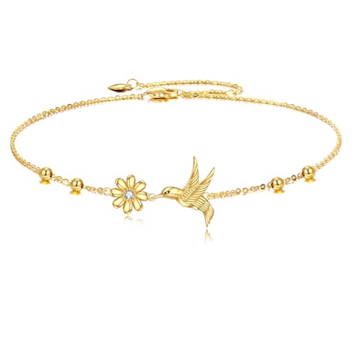 KQF 9K Solid Gold Hummingbird Bracelet Real Gold Zirconia Flower Bracelet Jewelry Gifts for Women