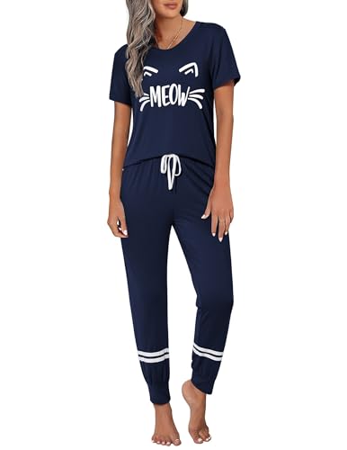 Ekouaer Womens Pajamas Set 2 Piece Lounge Pj Set Short Sleeve Sleepwear Tops with Joggers Pants Loungewear Print Nightwear