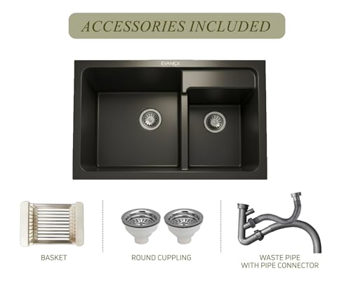 Image of EVANEX Quartz Kitchen Sink | 31x18x9 Inch Double Bowl Sink for Kitchen | Granite Topmount /Undermount Kitchen Sinks | Black Double Sink with Connector, Waste Pipe, Coupling and Drain Basket