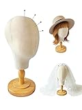 TINGSING Support de tête de perruque en toile 21 pouces Support de présentation de chapeau de bloc de tête de mannequin avec support en bois amovible   pour chapeaux, perruque, tête de modèle de dôme