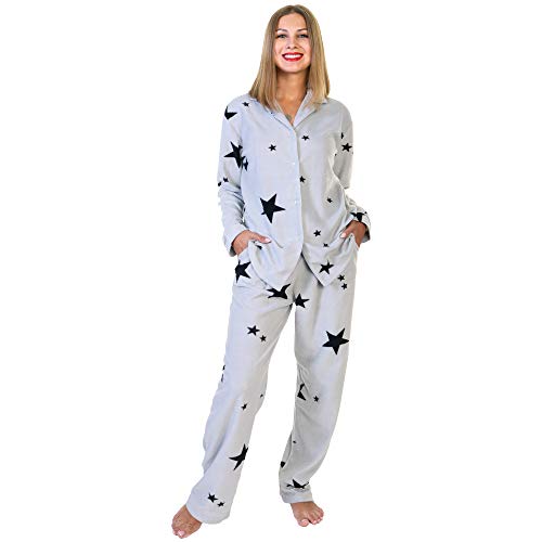 Angelina Women's Pajama Set Cozy Fleece with Notch Collar and Pockets | PJ56_L | Grey Star