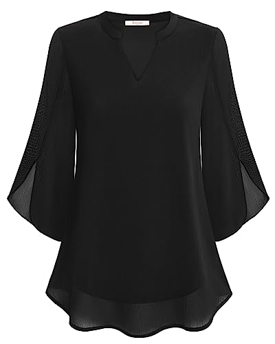 Bebonnie Womens Tops Dressy Casual Ruffle 3/4 Sleeve V Neck Double Layers Chiffon Blouses Tops3