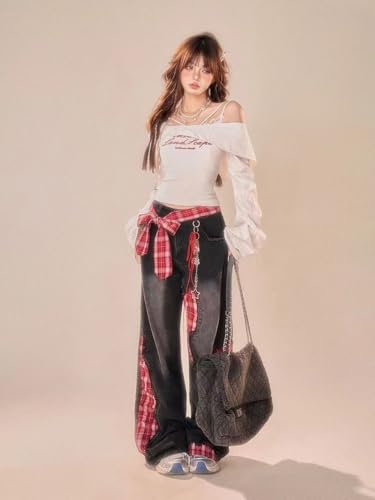 LAFOURAM Petite Jeans for Women 5 FT Short Wide Leg Baggy Y2K Bow Knot Plaid Patchwork Denim Pants3
