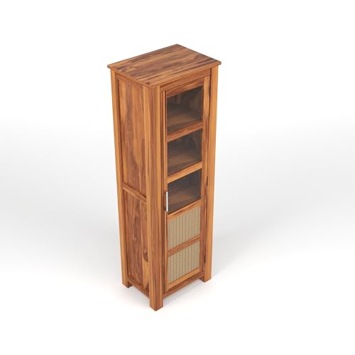 Image of Solid Sheesham Wood Bookshelf with Acrylic Glass Door | Rosewood Kitchen Cabinet with Storage Shelves for Dining Room & Office (B-Natural Finish)