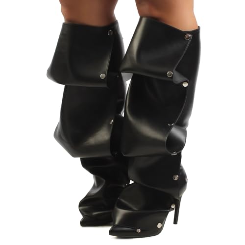 Liliana Women's Pointed Toe Stiletto High Heels Pleated Button Detachable Fold Over Slouchy Boots (Runs Small)3