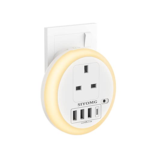 Extensor de salida con luces nocturnas enchufables, SIYOMG USB Cargador Plug UK con 4 USB (1 puerto USB C), luz nocturna LED automática RGB 7 colores para dormitorio, escaleras, habitación, viajes Cover