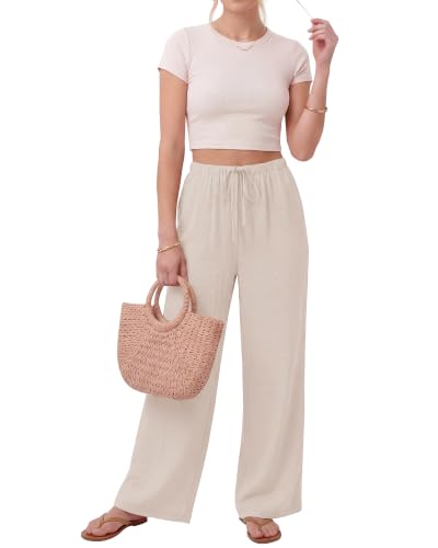 Image of ZOOSIXX Wide Leg Pants for Women - Palazzo Flowy Lounge Lightweight Summer Drawstring Trousers with Pockets Beach Vacation