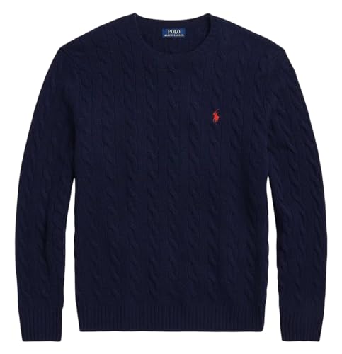 POLO RALPH LAUREN Men's Cable Knit Cashmere Wool Crew Neck Jumper (UK, Alpha, L, Regular, Regular, Hunter Navy)