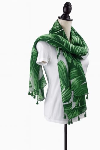 stylesilove Womens Cozy Tassels Oblong Cotton Scarf Lightweight Shawls Wrap (Palm Leaf/Green)2