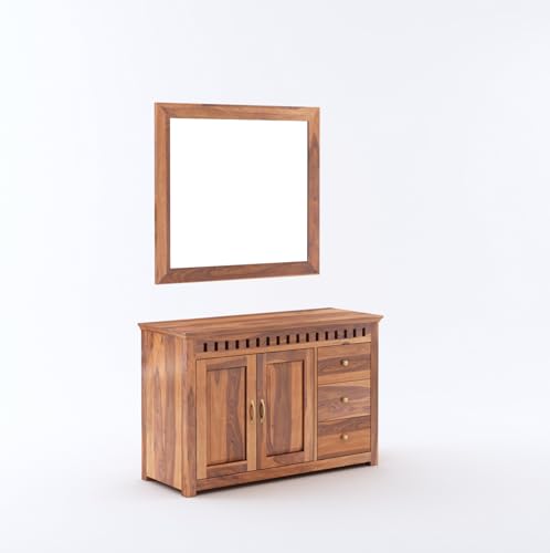 Image of SONA ART & CRAFTS Kuber Solid Sheesham Wood Bedroom Set | Queen Size Bed Without Storage, Wardrobe, Chest of Drawer & Two Bedside Tables - Natural Finish (Assembly Included)