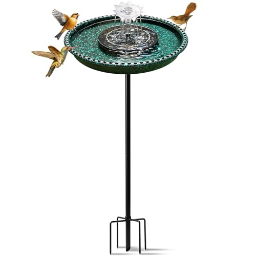 Feemiyo Bird Bath with Solar Powered Fountains for Hummingbirds Stable Stylish Design with 5-Prong Base Stake Plastic Bird Bath for Outside Lawn Patio Yard Garden