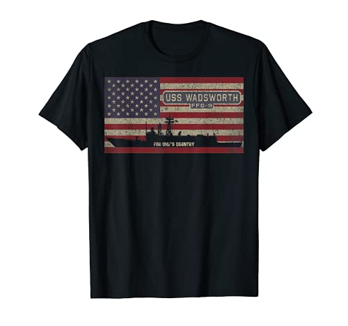USS Wadsworth FFG-9 Frigate Ship USA American Flag T-Shirt, Black