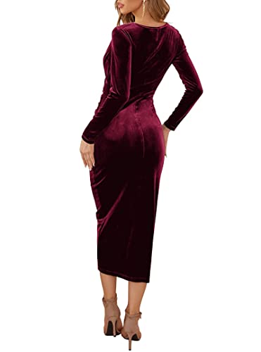 AQQYA Vestido feminino midi de veludo com decote em V e manga comprida, colado ao corpo, franzido, p