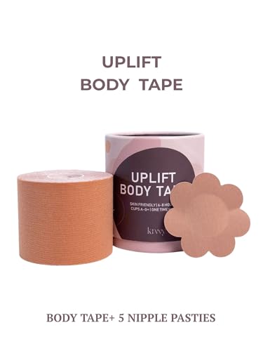 Image of Krvvy Uplift Body Tape Kit | Instant Lift & Shape Boob Tape | 5 Pairs of Disposable Nipple Pasties | Sweatproof | Strong Adhesive | All Bust Sizes | for Deep Necklines & Backless Outfits