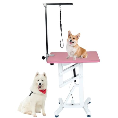 Hubiuyo トリミングテーブル、ペット美容テーブル、 回転可能、昇降可能、油圧式 大型犬/中型犬/小型犬 猫/犬用グルーミングテーブル 高耐久 頑丈 ペット トリミング台 油圧昇降式テーブル 縄付き 折りたたみ式 高さ調整範囲70~100cm (ピンク