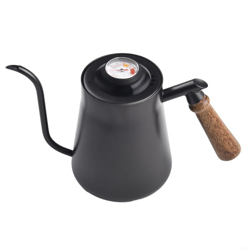 Hervidor de agua de acero inoxidable con termómetro, 650/850 ml, cuello de cisne, boquilla fina, verter sobre café, té, vertido preciso, plata, negro, blanco, verde (650 ml, negro)