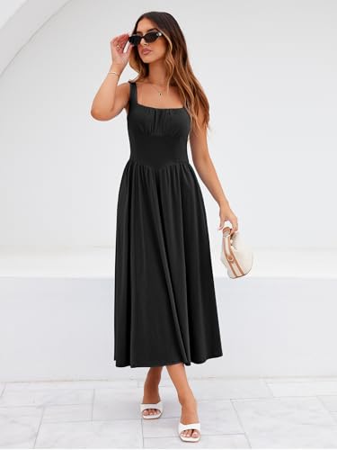 Image of YATHON Women's Summer Floral Midi Dress Casual Square Neck Flowy Wedding Guest Dresses Beach Vacation Sundress with Pocket