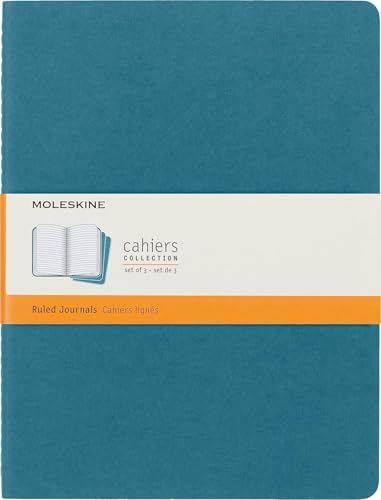 Moleskine Cahier Journal (juego de 3 cuadernos con páginas forradas, cubierta de cartón y bordado de algodón, extra grande de 19 x 25 cm, 120 páginas) Azul
