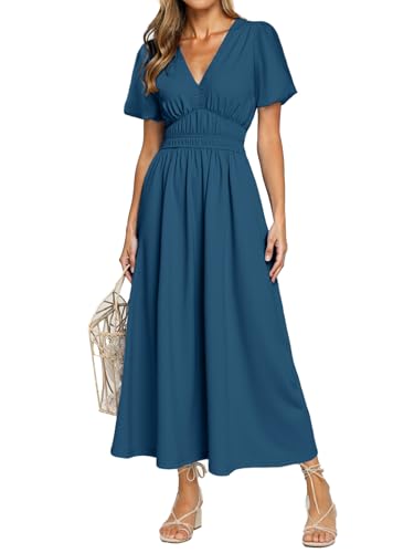 Image of Simplee Women's Summer Flowy Midi Dress Casual V Neck Short Sleeve Empire Waist Boho Beach Dress Wedding Guest Maxi Dress