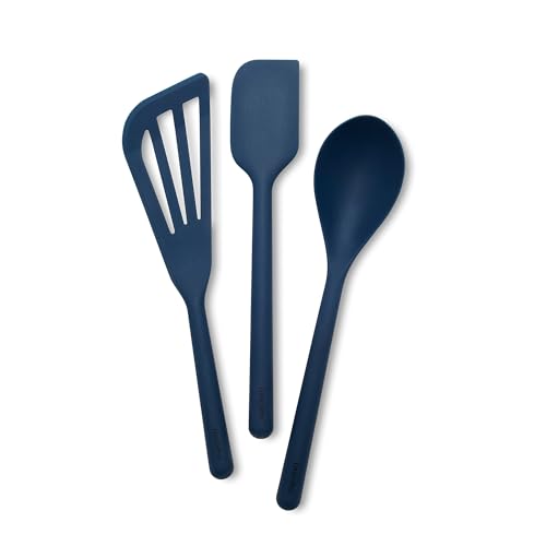 GreenPan Silicone 3 Piece Cooking Utensil Set, Fish Turner, Mixing Spatula, Solid Spoon, Flexible Nonstick Kitchen Tools Rigid Steel Core, Heat-Resistant Anti-Slip Handle BPA-Free Dishwasher Safe Blue