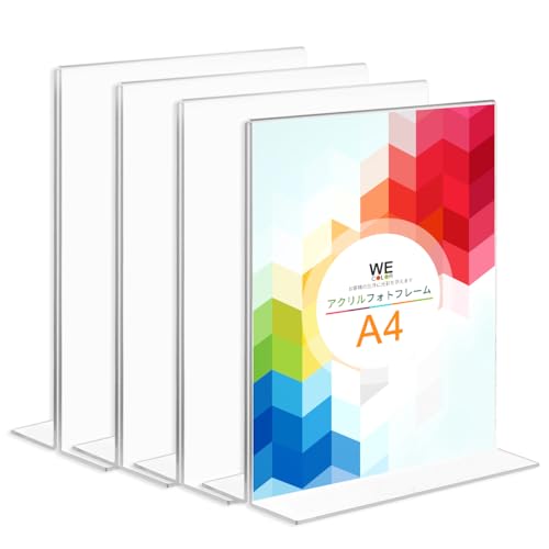 【4本セット】WeColor アクリルフォトフレーム 、サインホルダ、レストラン メニュ、飲食店のPOP広告メニューカード立て、透明オフィスもの紙、卓上透明両面用 ( A4)