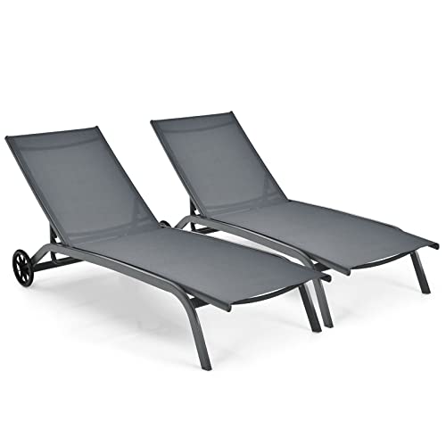 COSTWAY Sonnenliege mit Rollen 2er Set Gartenliege mit Verstellbarer Rückenlehne und schnell trocknendem Stoff Relaxliege bis 150kg belastbar Liegestuhl für Garten Balkon Terrasse (Grau)